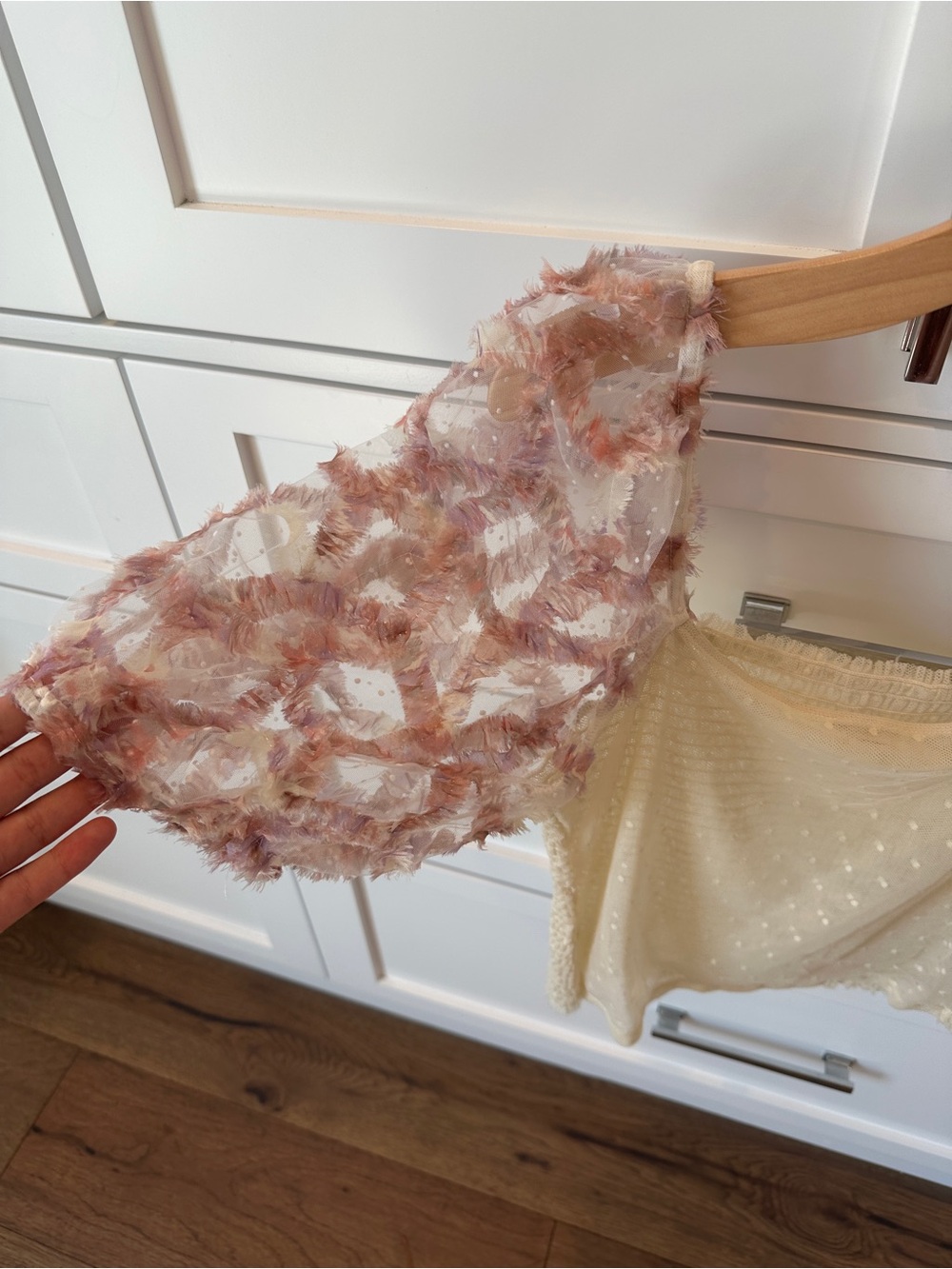 Cream Smocked Crop Top with Pink Feathered Puff Sleeves - Picture 3 of 4